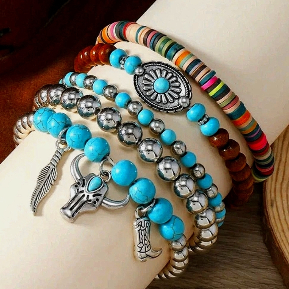 5 Bracelet Set Silver Blue Turquoise Stone Jewelry Rodeo Outfit Hippie Festival - Picture 3 of 8